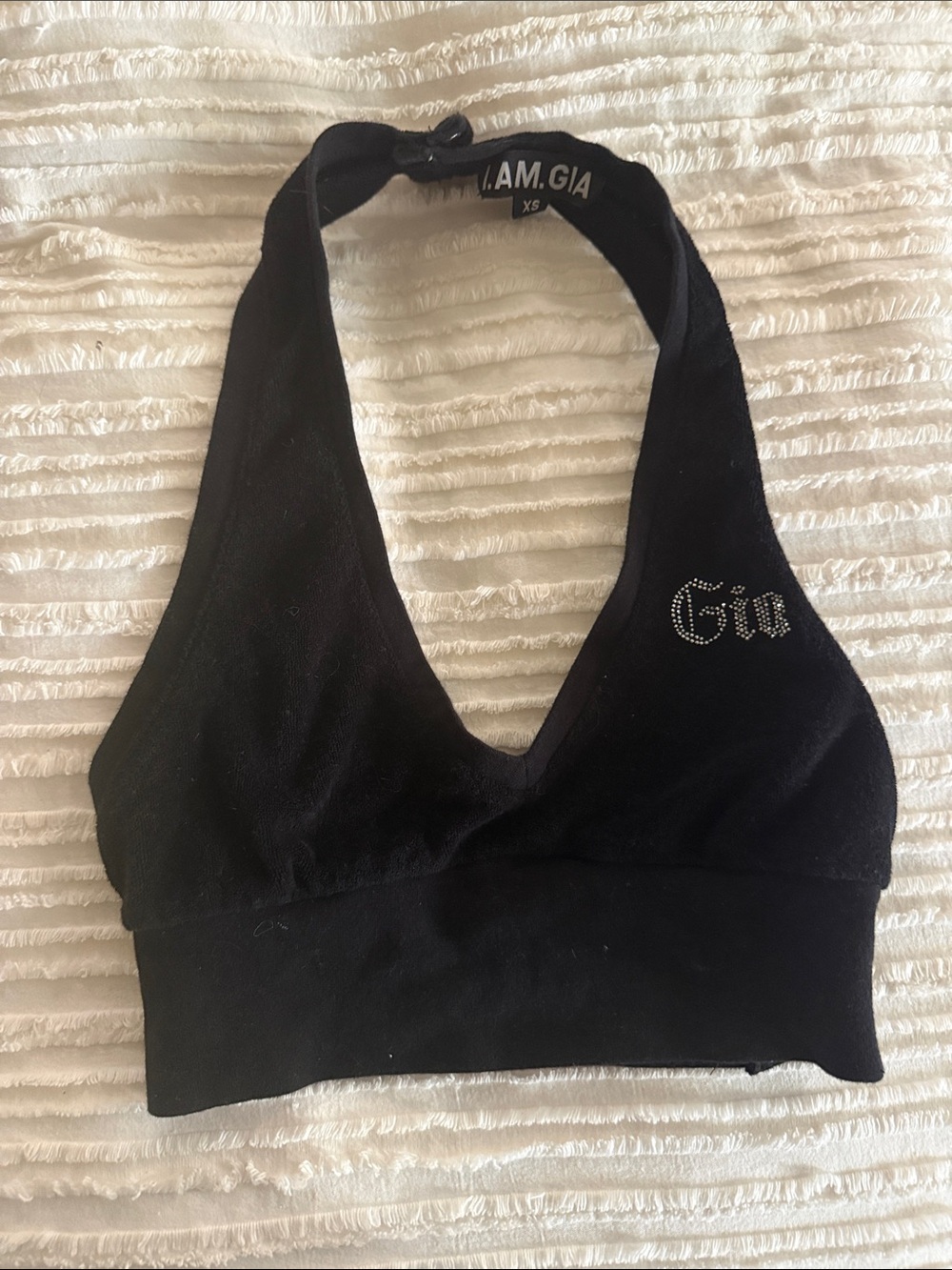 I.AM.GIA Black Terrycloth Halter Top with Rhinestone 'Gia' Detail